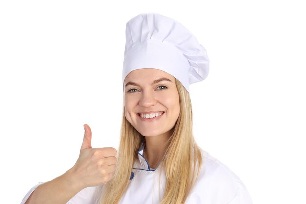 Young attractive chef woman isolated on white background