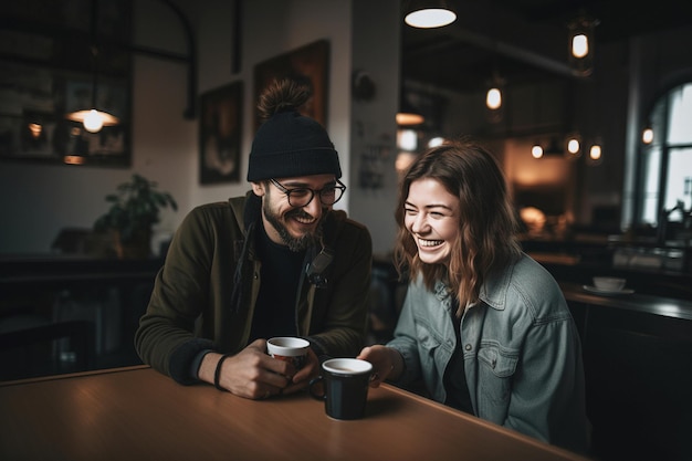 Young attractive couple drink coffee and have a rest in cozy loft coffee shop generative ai