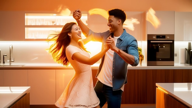 Young attractive couple in love dancing together in modern domestic kitchen holding hands swirling