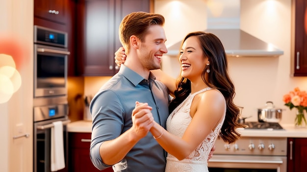 Young attractive couple in love dancing together in modern domestic kitchen holding hands swirling