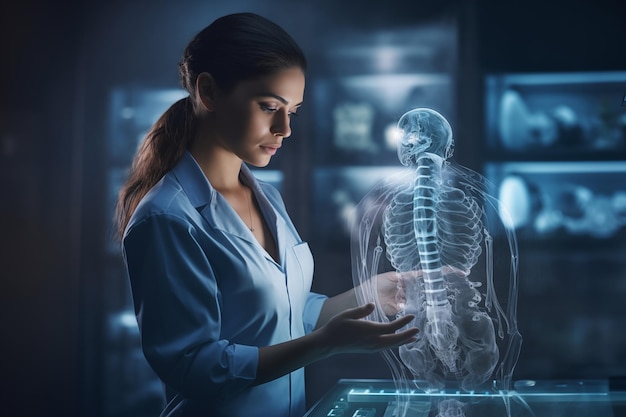 Young attractive doctor examining xray image of spine in medical office Healthcare innovator