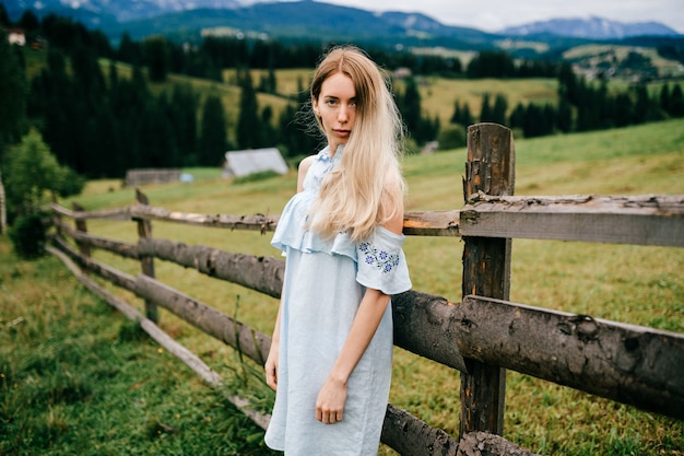 Young attractive elegant blonde girl in blue romantic dress posing near fence in the countryside