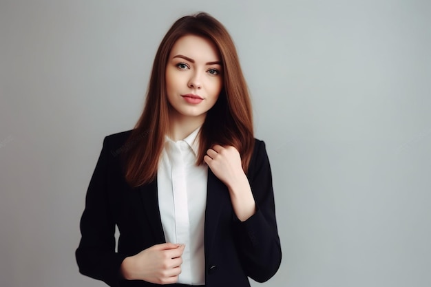 Young attractive emotional girl in business style clothes