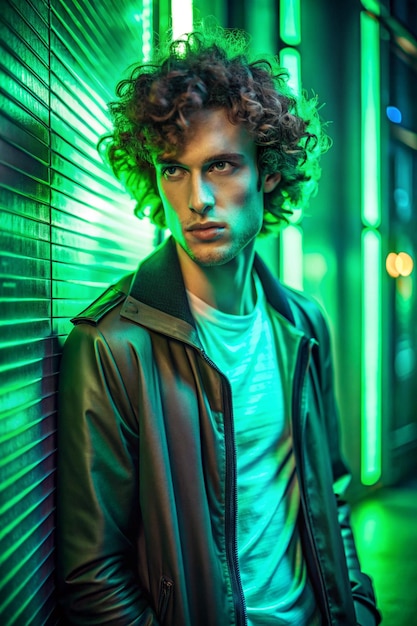 Young attractive handsome curly boy poses on a green neon background Street urban modeling portrait fashion photo Cyberpunk style photography with high fashion model