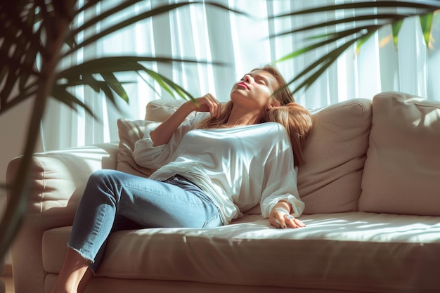 Photo young attractive happy resting woman relaxing on sofa at home after a long working day and enjoyi