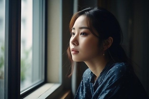 Young and attractive Japanese woman who appears to be lost in thought or daydreaming while standing near a large window on a high floor of a skyscraper Generative AI