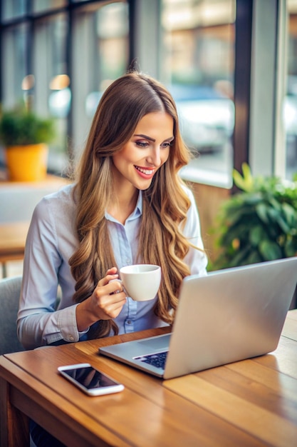 Young Attractive LongHaired Woman Working on Laptop with Coffee