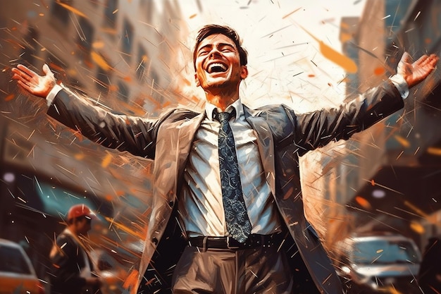 A young attractive man in a business suit with outstretched arms and a cheerful smile success in business Illustration abstract style AI generation