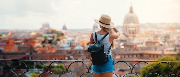 Photo young attractive smiling girl tourist exploring new city at summer