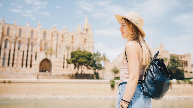 Young attractive smiling girl tourist exploring new city at summer