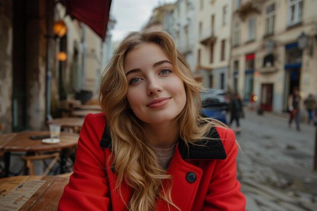 Young attractive stylish woman sitting in city street cafe in red coat