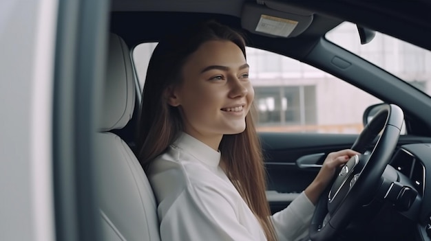 Young attractive woman driving with her hand on the wheel in side view She is grinning while conversing with the vehicle dealership's manager and Generative AI