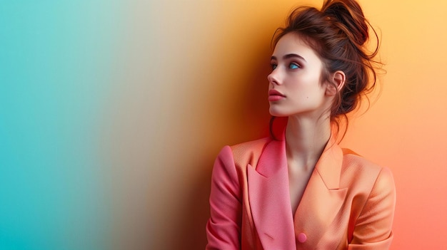 Young attractive woman posing in bright colors against color wall copy space