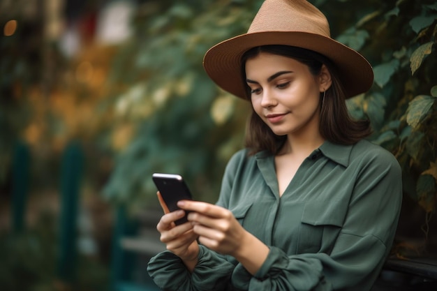 Young attractive woman using her phone while relaxing in the outside created with generative ai