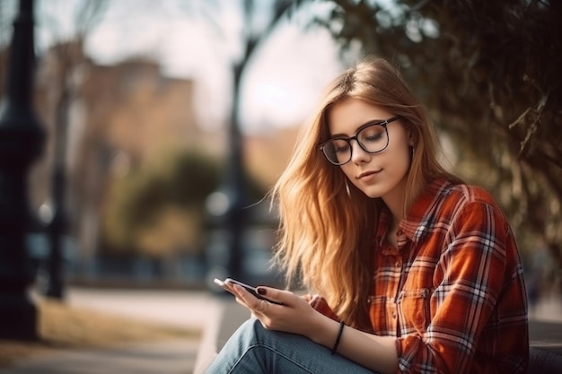 Young attractive woman using her phone while relaxing in the outside