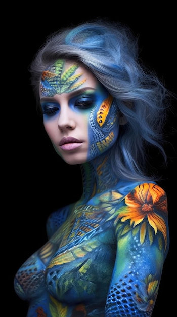 Young attractive woman with body art on her body and face