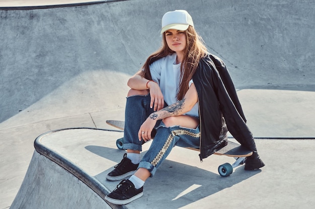 Young attrctive girl is sitting on her longboard at skatepark. She is wearing denim, t-shirt, jacket and cap.