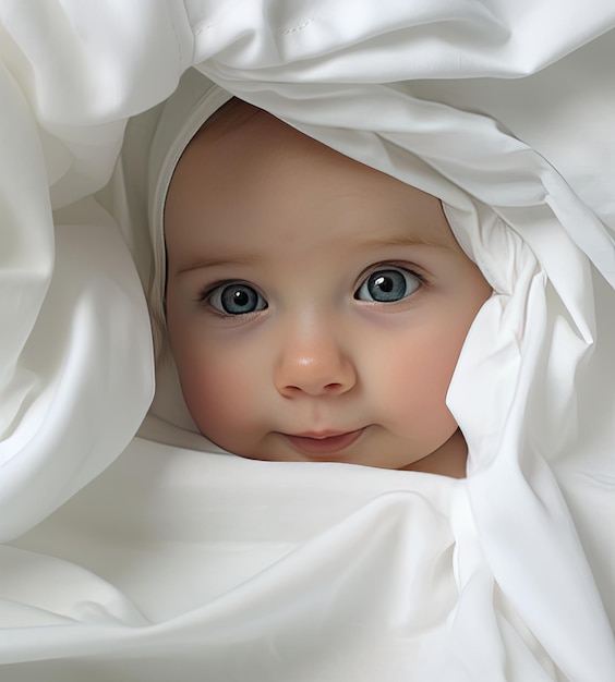 Young baby peeking over a white towel