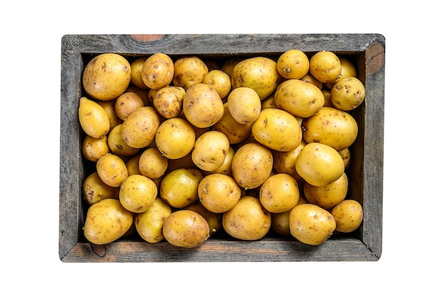 Young baby Potatoes in a wooden box Isolated on white background