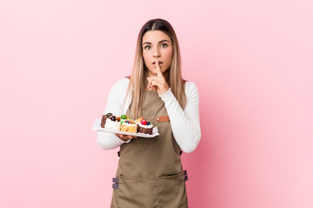 Young baker woman holding sweets keeping a secret or asking for silence.