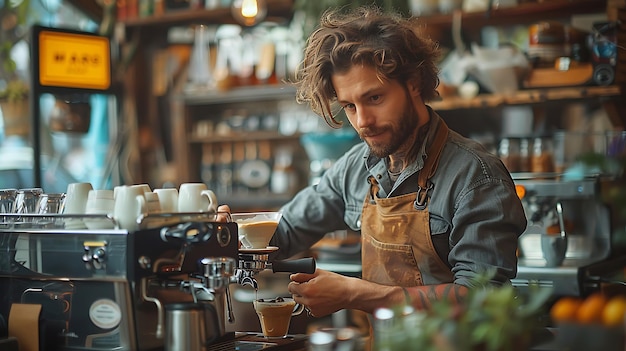 Young Barista at a Coffe shop with a coffee machine