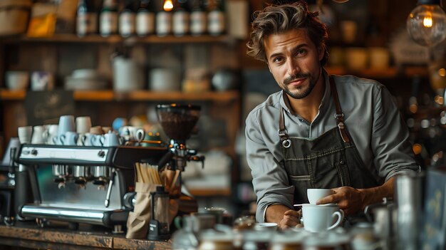 Young Barista making coffee in cafe