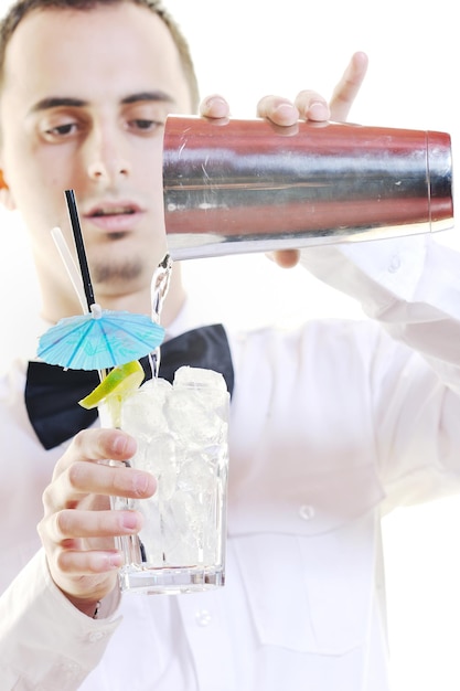 Photo young barman portrait isolated on white background with alcohol coctail drink