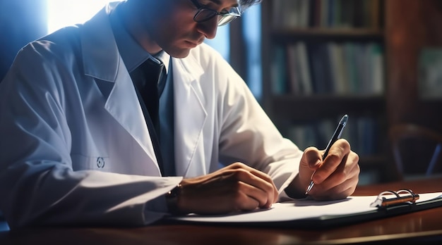 Photo young bearded doctor wearing glasses and white robe doctor working with papers in his office