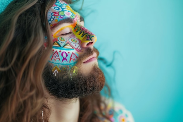 young bearded hippie man with colorful painted makeup close up on blue