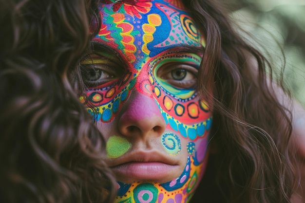 young bearded hippie man with colorful painted makeup close up portrait