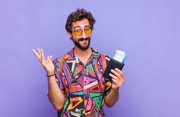 Young bearded man feeling happy, surprised and cheerful, smiling with positive attitude, realizing a solution or idea