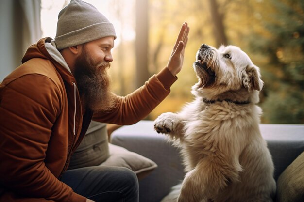 Photo young bearded man and his dog giving high five to one another