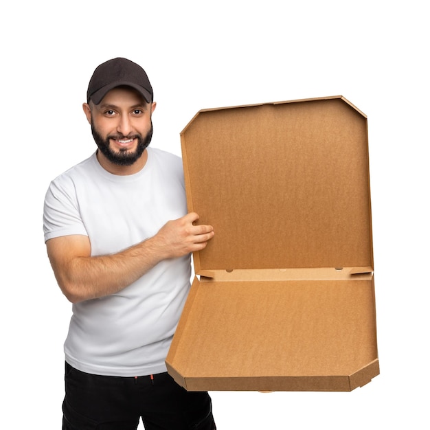 Young bearded man smiling while posing with pizza box