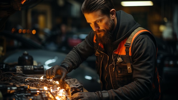 young bearded man with tattoo machine working in workshop