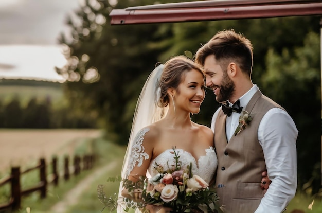 A young bearded smiling groom in a gray suit and a beautiful sweet bride in a white dress are