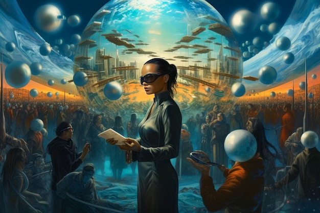 Young beautiful AfroAmerican woman wearing sunglasses and grey dress holding a piece of paper Numerous people and soaring bubbles at the surreal backdrop Generative AI