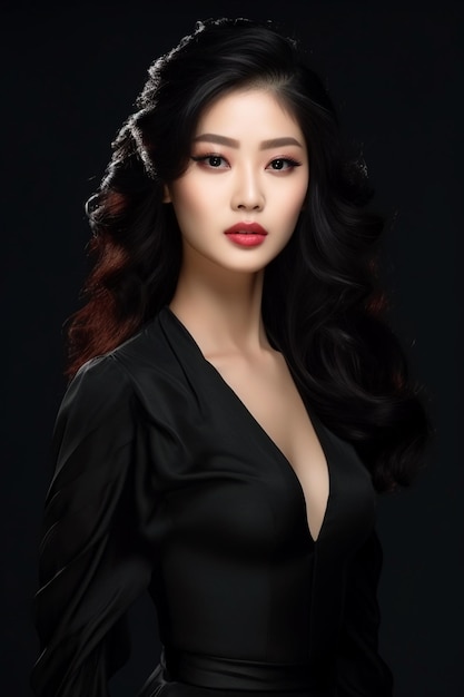 Young beautiful Asian girl wearing beautiful black dress attractive look with red lips generative ai