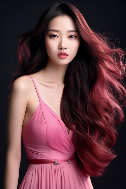 Young beautiful asian model wearing a beautiful pink color dress pretty innocent look generative ai