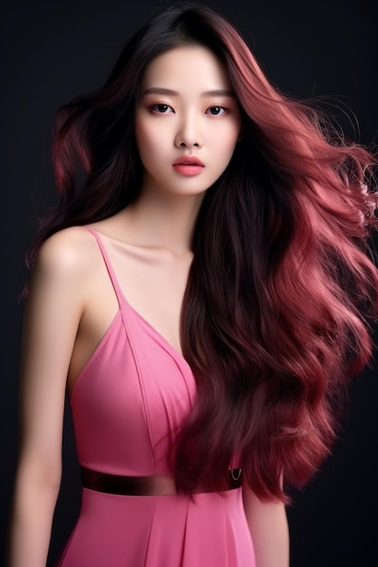 Young beautiful asian model wearing a beautiful pink color dress pretty innocent look generative ai