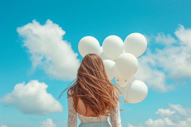 Young beautiful Asian woman hand holding colorful balloons sitting at lakeside and blue sky in background