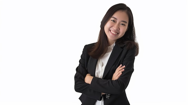 Young beautiful asian woman happy face smiling with white background