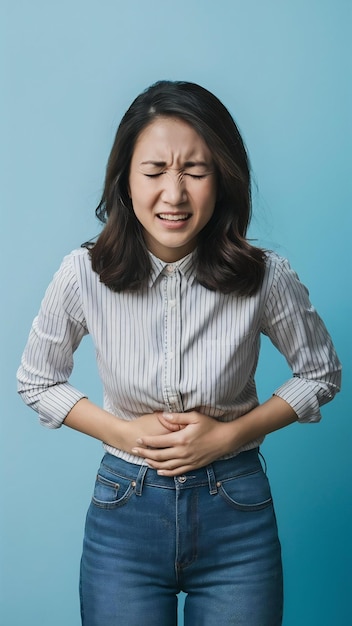 Young beautiful asian woman having pnful stomachache on white background