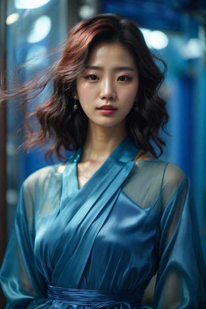 Young beautiful Asian woman with blue color dress