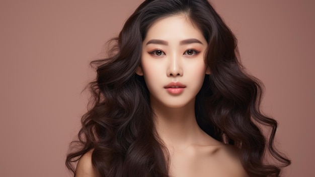 A young beautiful Asian woman with perfect fresh clean skin long hair on a beige background Makeup Natural Beauty Cosmetics Cosmetology Plastic Surgery Youth Facials Spa concepts