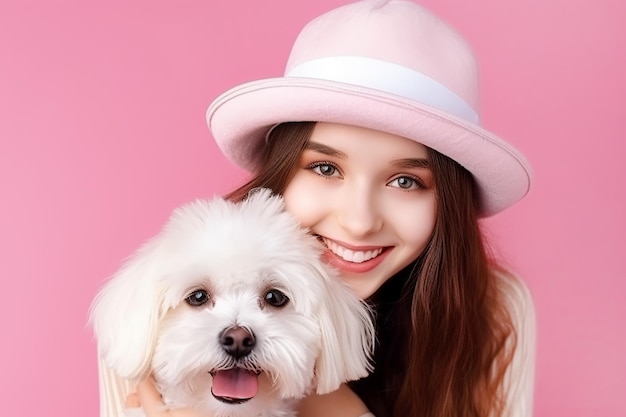 Young beautiful asian woman with white Maltipoos puppy dog in a hat on pink background