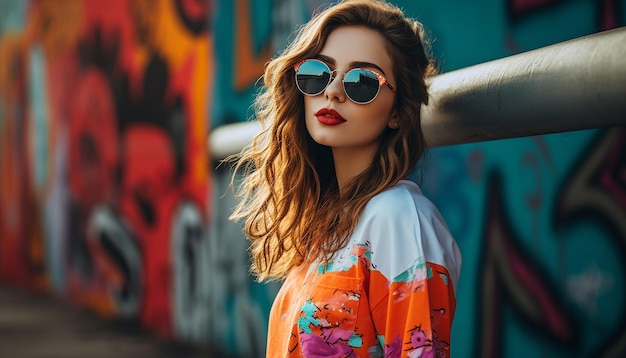 A young beautiful athletic trendy alternative woman is holding a skateboard