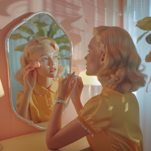 Photo a young beautiful blonde girl applying moisturizer to her face in front of a mirror