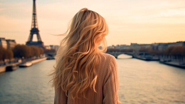 Young beautiful blonde girl in the evening in paris france Generative Ai