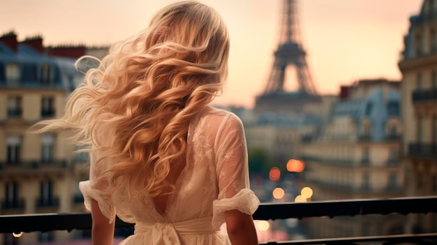 Young beautiful blonde girl in the evening in paris france Generative Ai