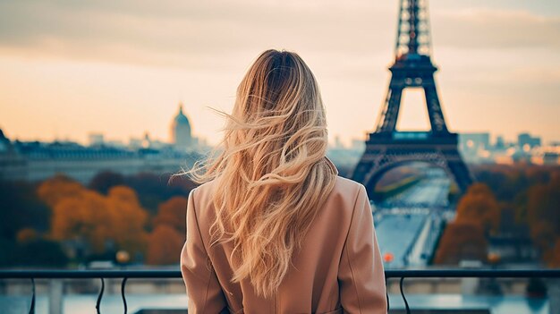 Young beautiful blonde girl in the evening in paris france Generative Ai